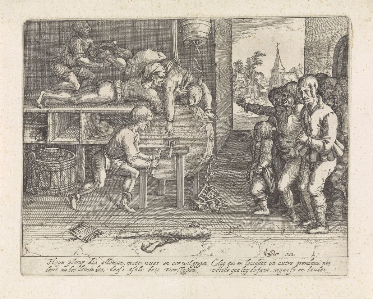 Bedrieger bestraft het slijpen van neus en oren by anonymous, print, 1601-1652