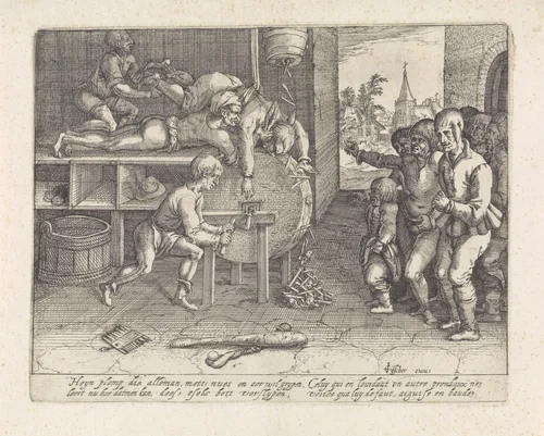 Bedrieger bestraft het slijpen van neus en oren by anonymous, print, 1601-1652