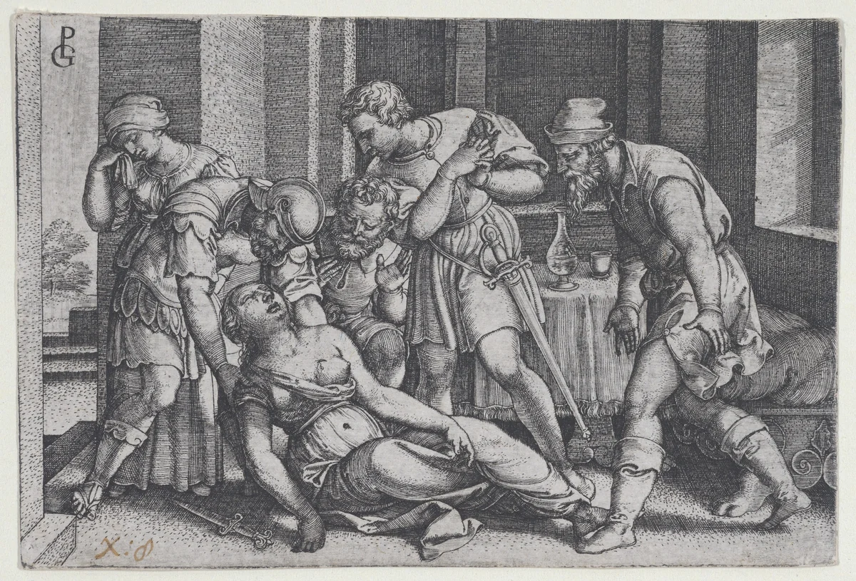 Suicide of Lucretia, from "Scenes from Roman History" by Georg Pencz, print, 1541-1552