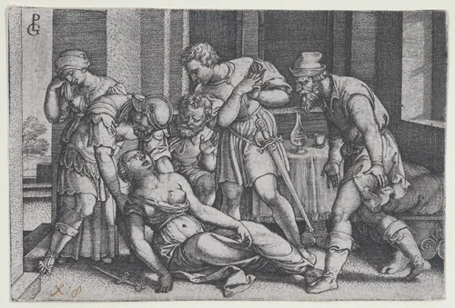 Suicide of Lucretia, from "Scenes from Roman History" by Georg Pencz, print, 1541-1552