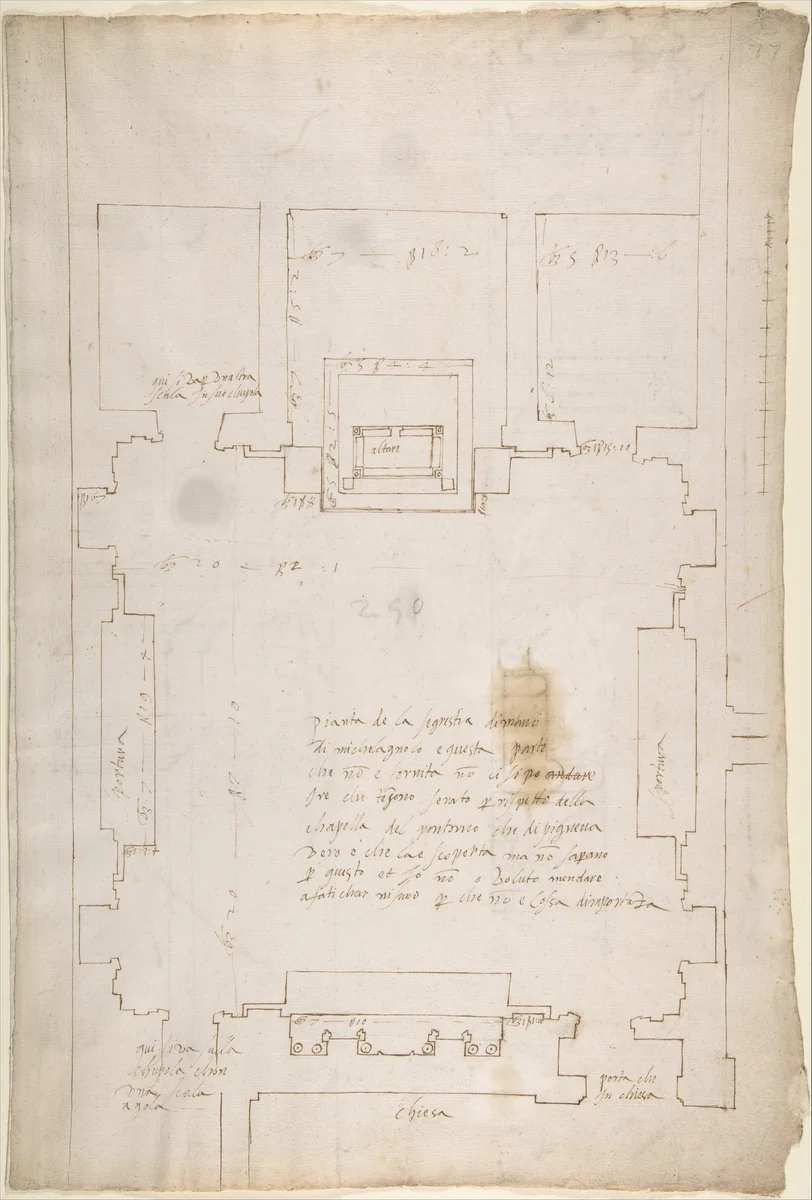 San Lorenzo, New Sacristy, plan (recto) San Lorenzo, New Sacristy, details, elevation and section (verso) by anonymous, drawing, 1500-1560