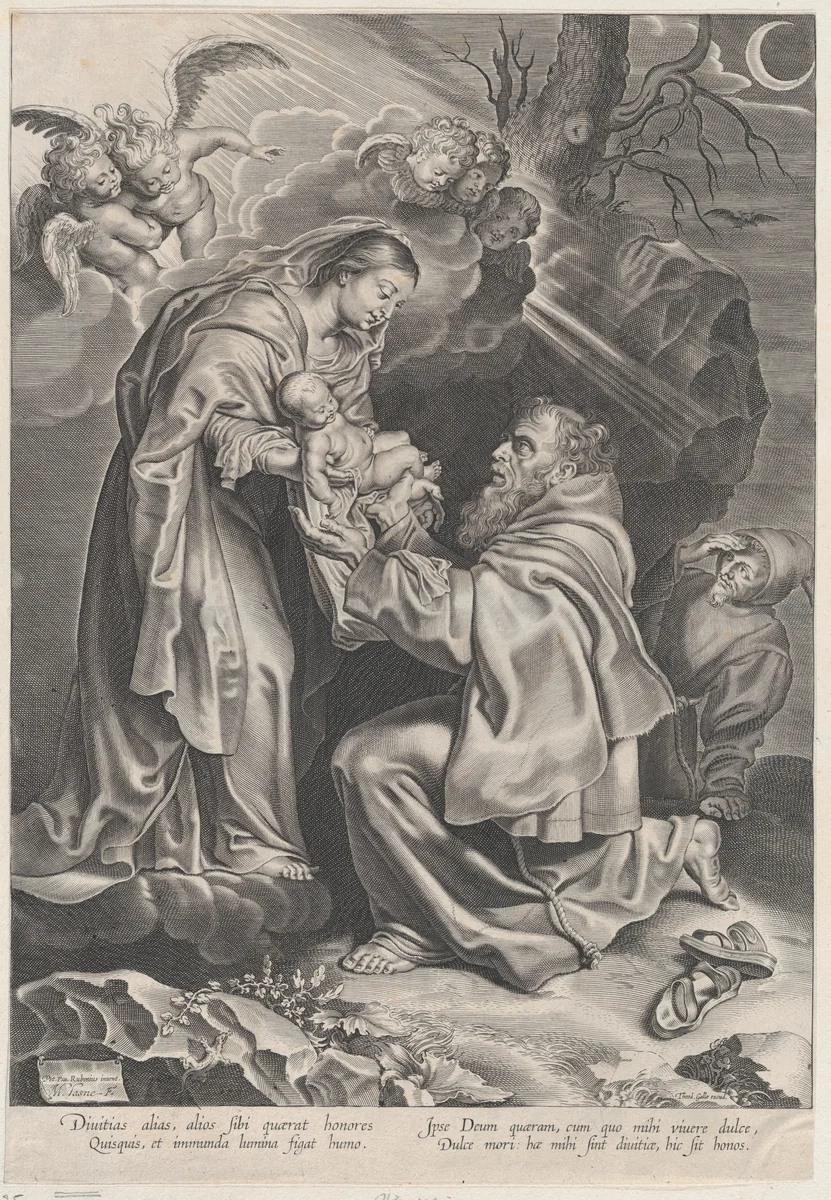 The Vision of Saint Francis, kneeling at right, receiving the Christ child from the Virgin Mary by Michel Lasne, print, 1617-1620