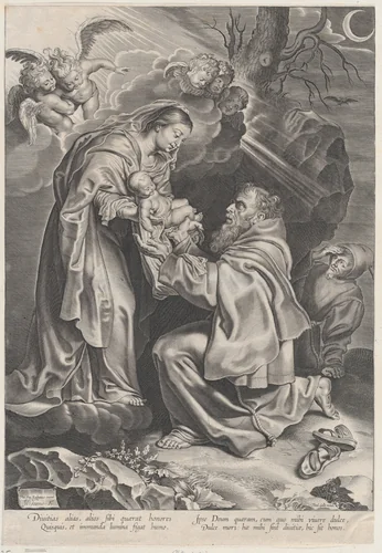 The Vision of Saint Francis, kneeling at right, receiving the Christ child from the Virgin Mary by Michel Lasne, print, 1617-1620