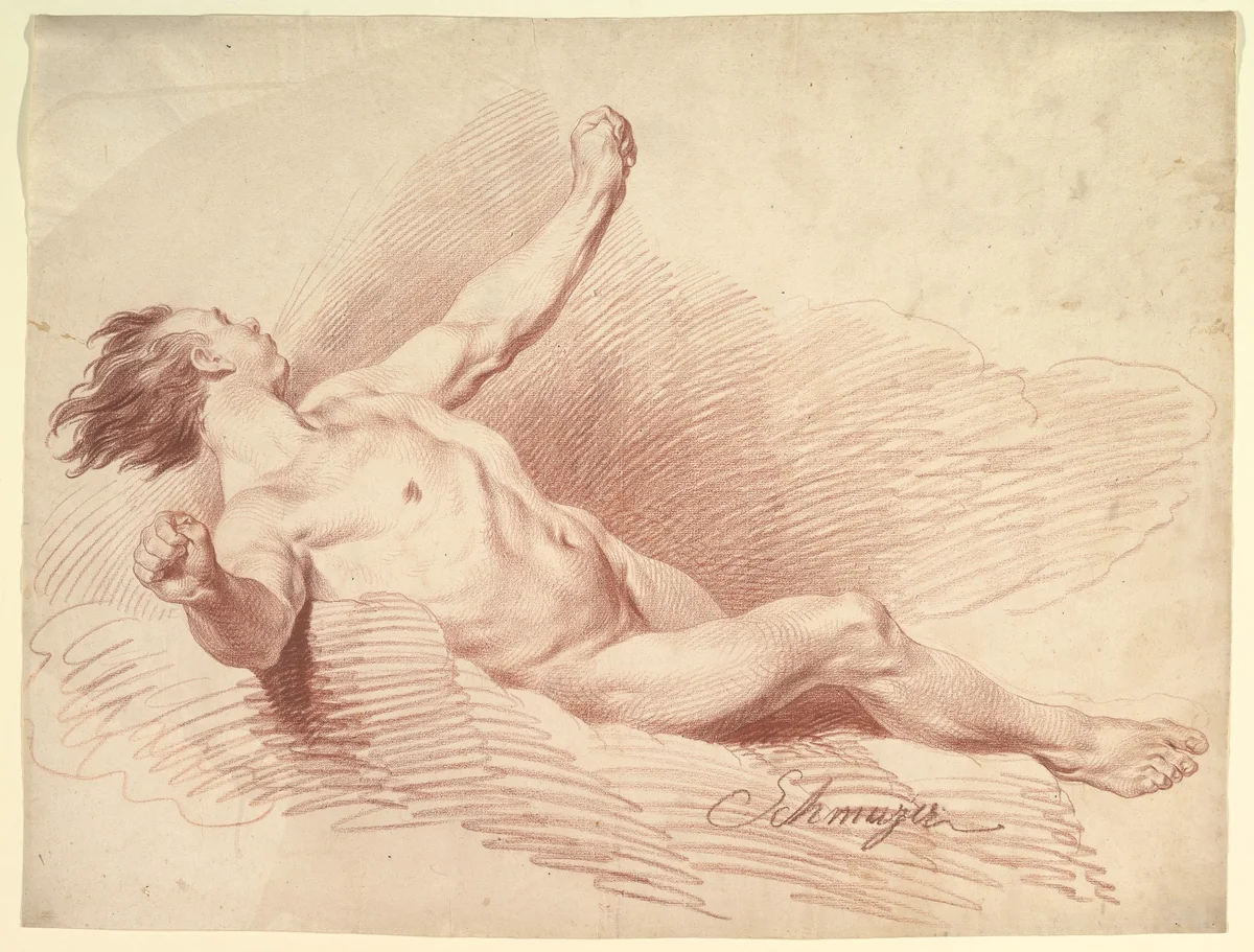 Reclining Male Nude, as Wind God on Clouds by Jakob Matthias Schmutzer, drawing, 1765-1810