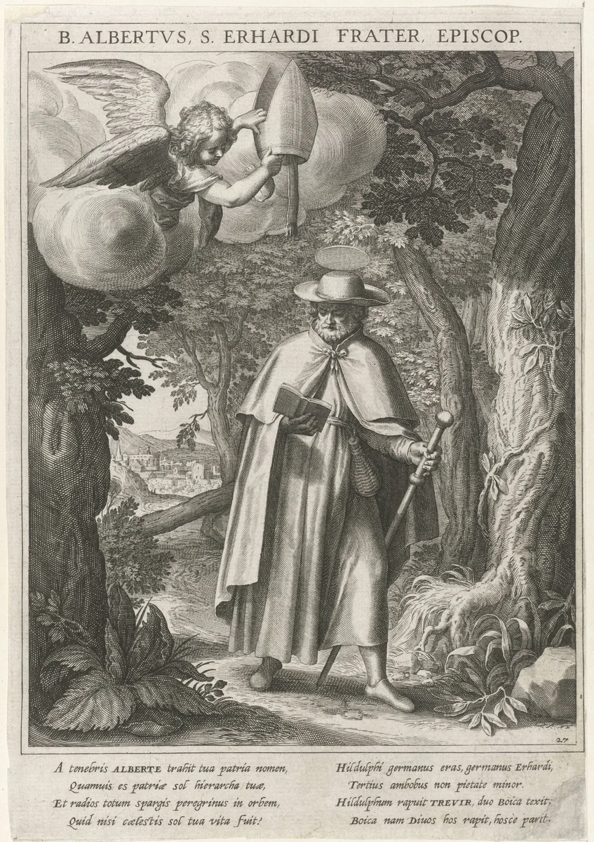 Heilige Albertus wordt door een engel tot bisschop verheven by Raphaël Sadeler, print, 1615