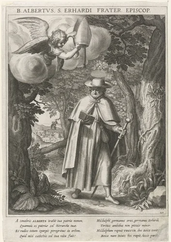 Heilige Albertus wordt door een engel tot bisschop verheven by Raphaël Sadeler, print, 1615