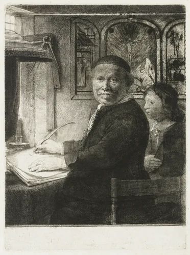 Lieven Willemsz. van Coppenol, writing master: the smaller plate by Rembrandt van Rijn, print, 1658