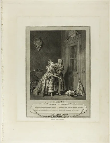 Unexpected Call, from Monument du Costume Physique et Moral de la fin du Dix-huitième siècle by Nicolas-Joseph Voyez, print, 1774