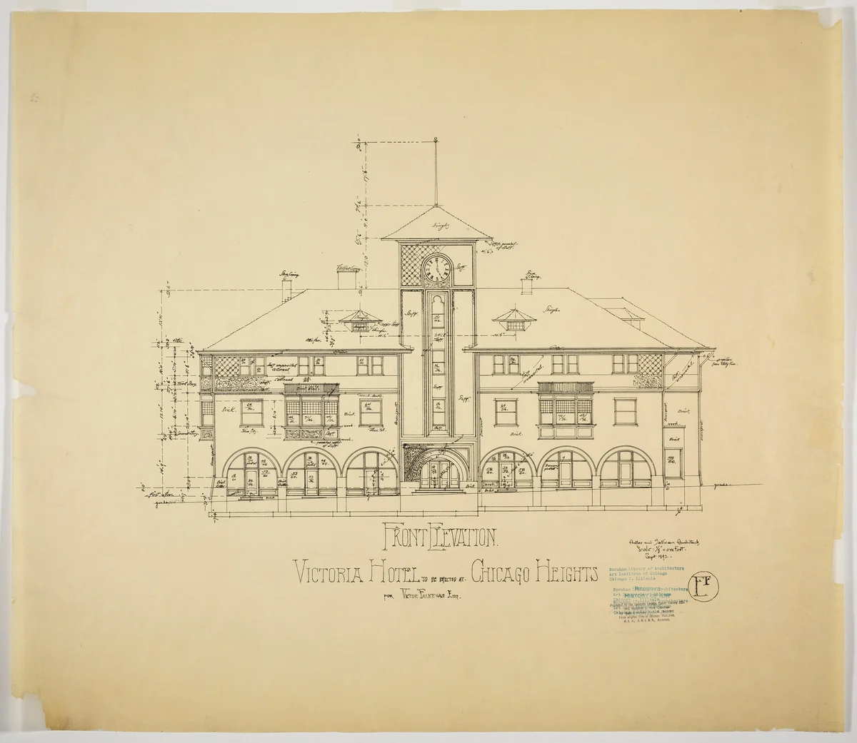 Victoria Hotel, Chicago Heights, Illinois, Front Elevation by Adler and Sullivan, drawing, 1892