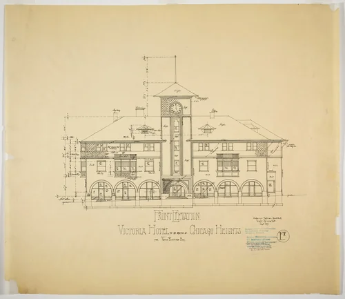 Victoria Hotel, Chicago Heights, Illinois, Front Elevation by Adler and Sullivan, drawing, 1892