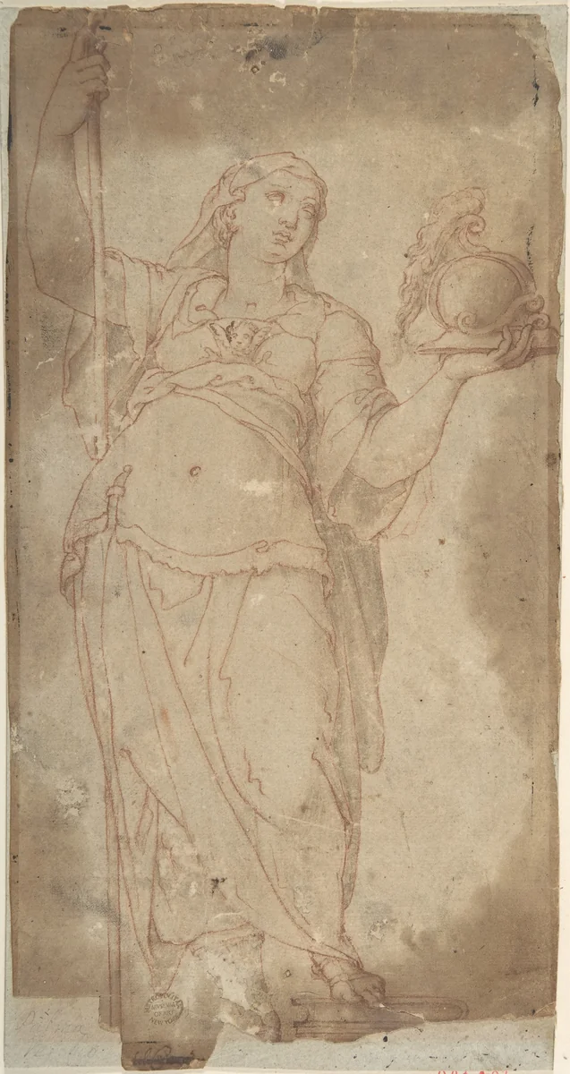 Figure Holding a Spear and a Helmet by anonymous, drawing, 1500-1600