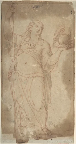 Figure Holding a Spear and a Helmet by anonymous, drawing, 1500-1600