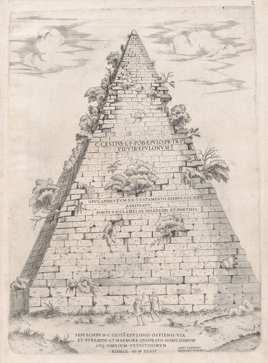 Pyramid of Caius Cestius, from "Speculum Romanae Magnificentiae" by anonymous, print, 1547