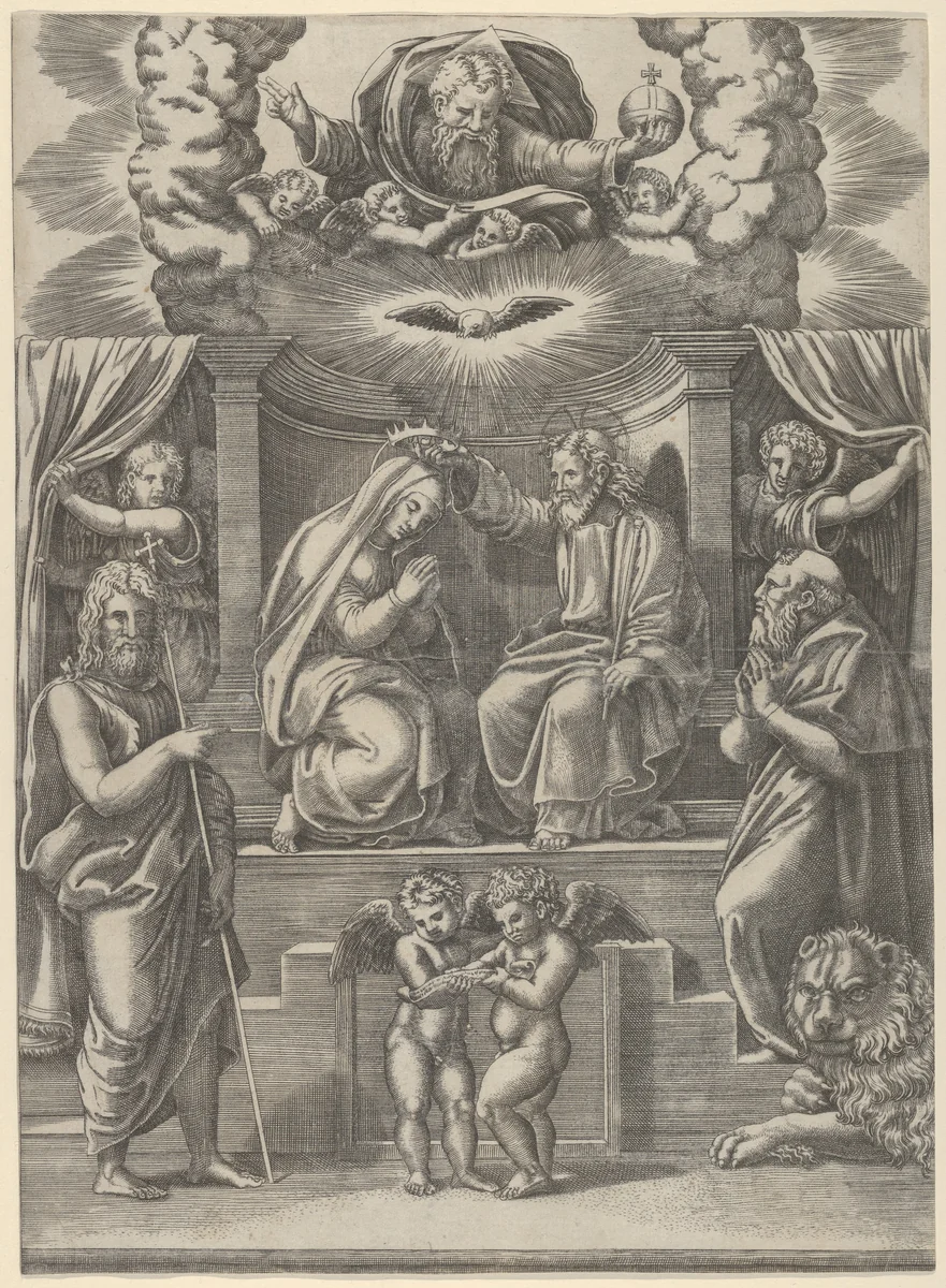 The coronation of the Virgin, God the Father above, St Jerome lower right and St John the Baptist lower left by Master of the Die, print, 1530-1560