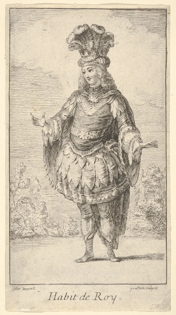 Habit de Roy: a man wearing a tonnelet decorated with rosettes, a crown and a turban with feathers on his head, from "New designs for costumes" (Nouveaux desseins d'habillements à l'usage des balets operas et comedies) by François Joullain, print, 1716-1726