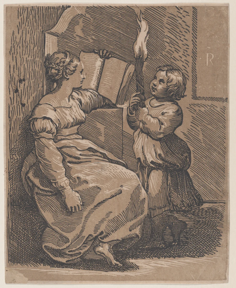 A Sibyl Reading a book facing right by Ugo da Carpi, print, 1512-1522