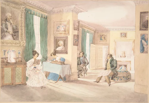 An interior at Hatton, Warwickshire by Granddaughters of Dr. Samuel Parr, drawing, 1820-1830