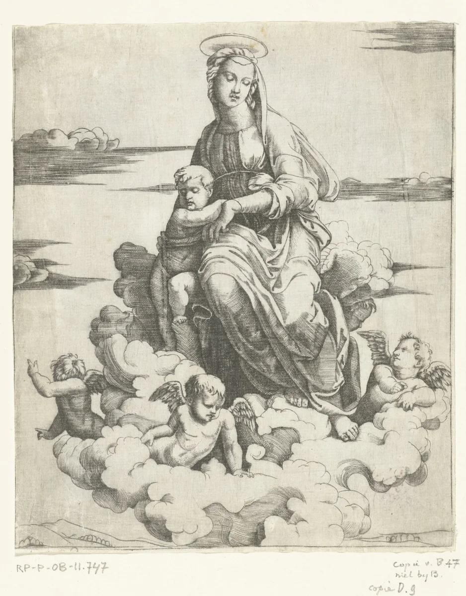 Maria met kind zittend op wolken omringd door engelen by anonymous, print, 1511-1561
