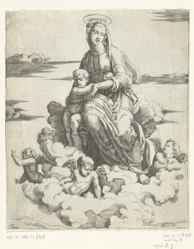Maria met kind zittend op wolken omringd door engelen by anonymous, print, 1511-1561