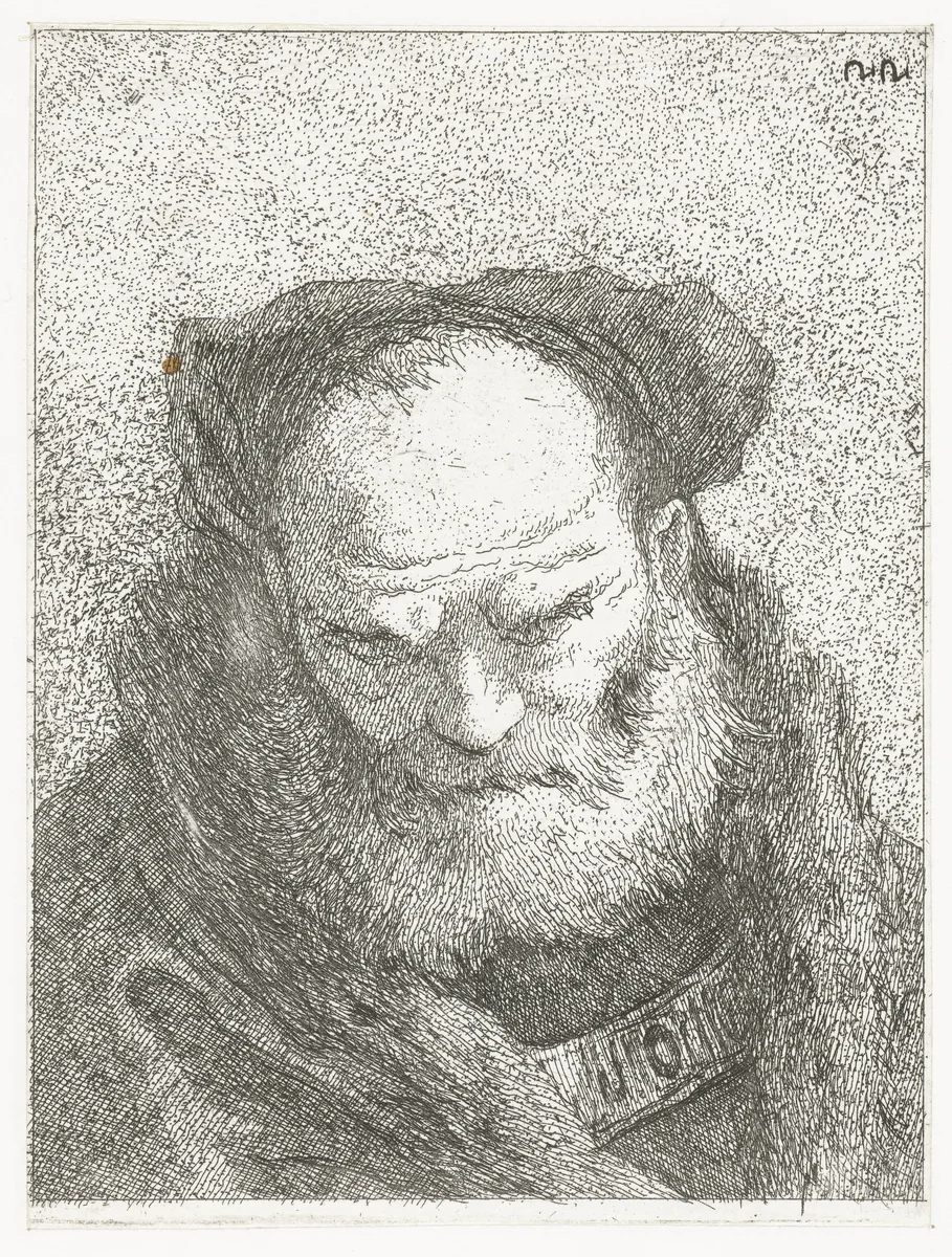 Oude man met baard en gebogen hoofd by Giovanni Domenico Tiepolo, print, 1771-1774