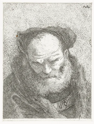 Oude man met baard en gebogen hoofd by Giovanni Domenico Tiepolo, print, 1771-1774