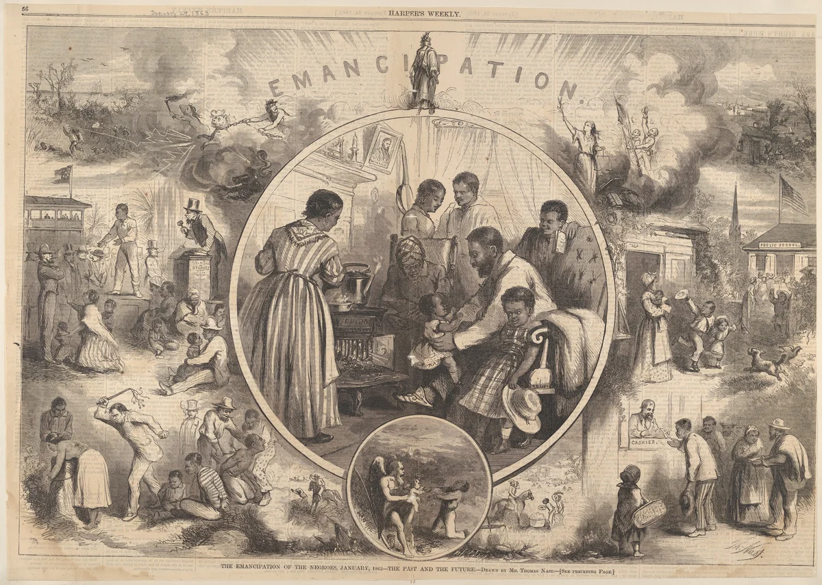 Emancipation of the Negroes – The Past and the Future (from "Harper's Weekly") by Thomas Nast, print, 1863