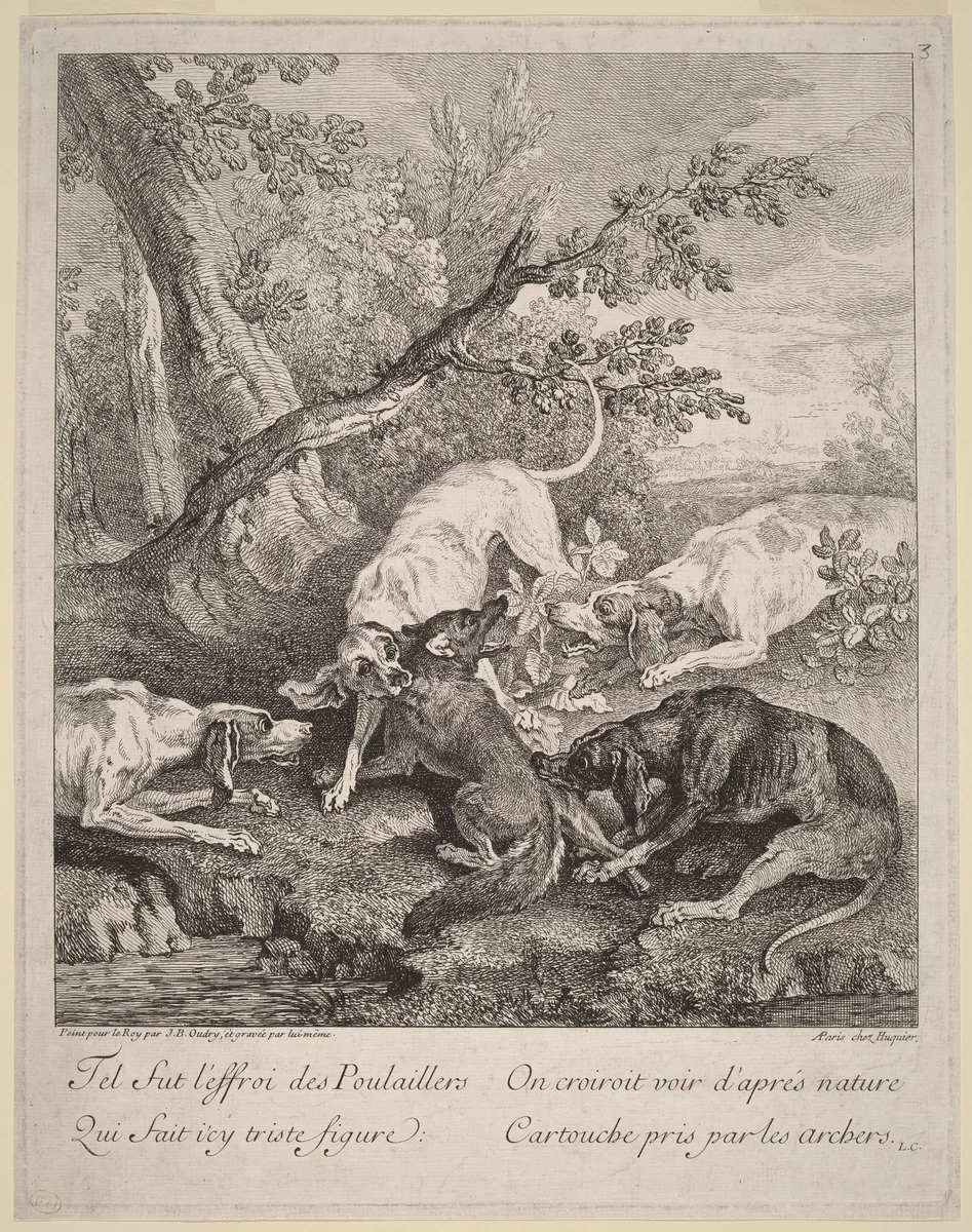 A Fox Attacked by Dogs by Jean-Baptiste Oudry, print, 1725
