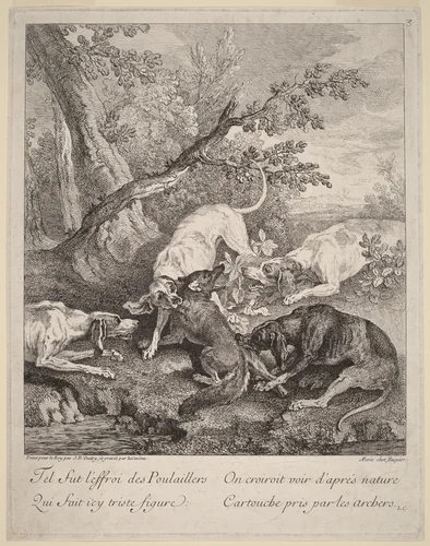 A Fox Attacked by Dogs by Jean-Baptiste Oudry, print, 1725