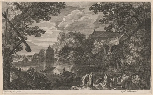 Riverscape with Fishermen by a Fortified Town by Aegidius Sadeler II; Pieter Stevens, print, 1600-1615