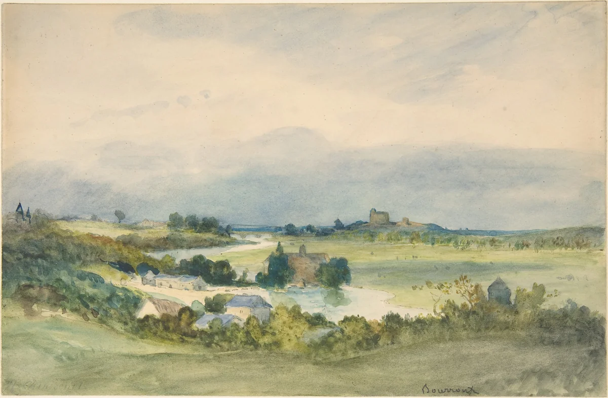 Extensive landscape prospect with a fortified building on hill in the background (recto); Study of a landscape and a female figure (verso) by Antoine Chintreuil, drawing, 1825-1873
