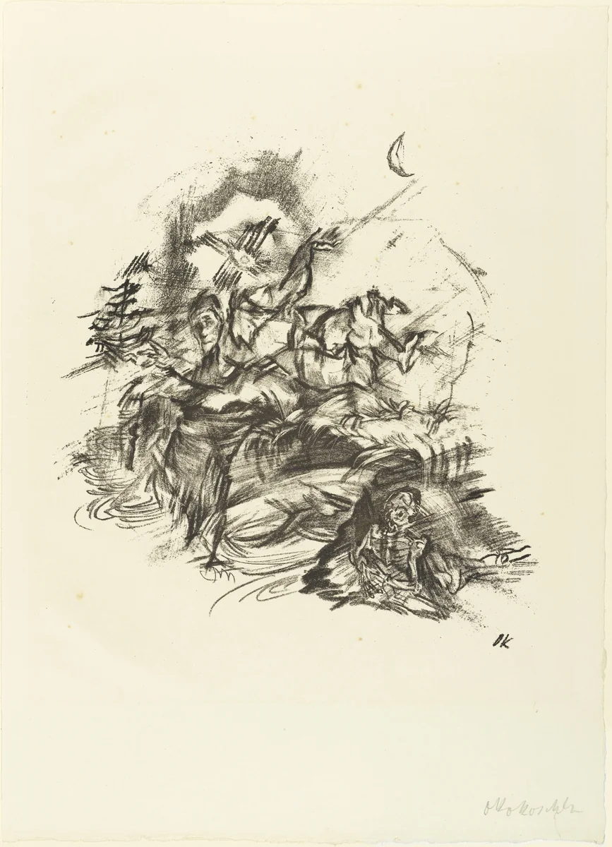 Man with Raised Arms and the Figure of Death (Der Mann mit erhobenen Armen und die Gestalt des Todes) (plate 8) from The Bound Columbus (Der gefesselte Columbus) by Oskar Kokoschka, print, 1916