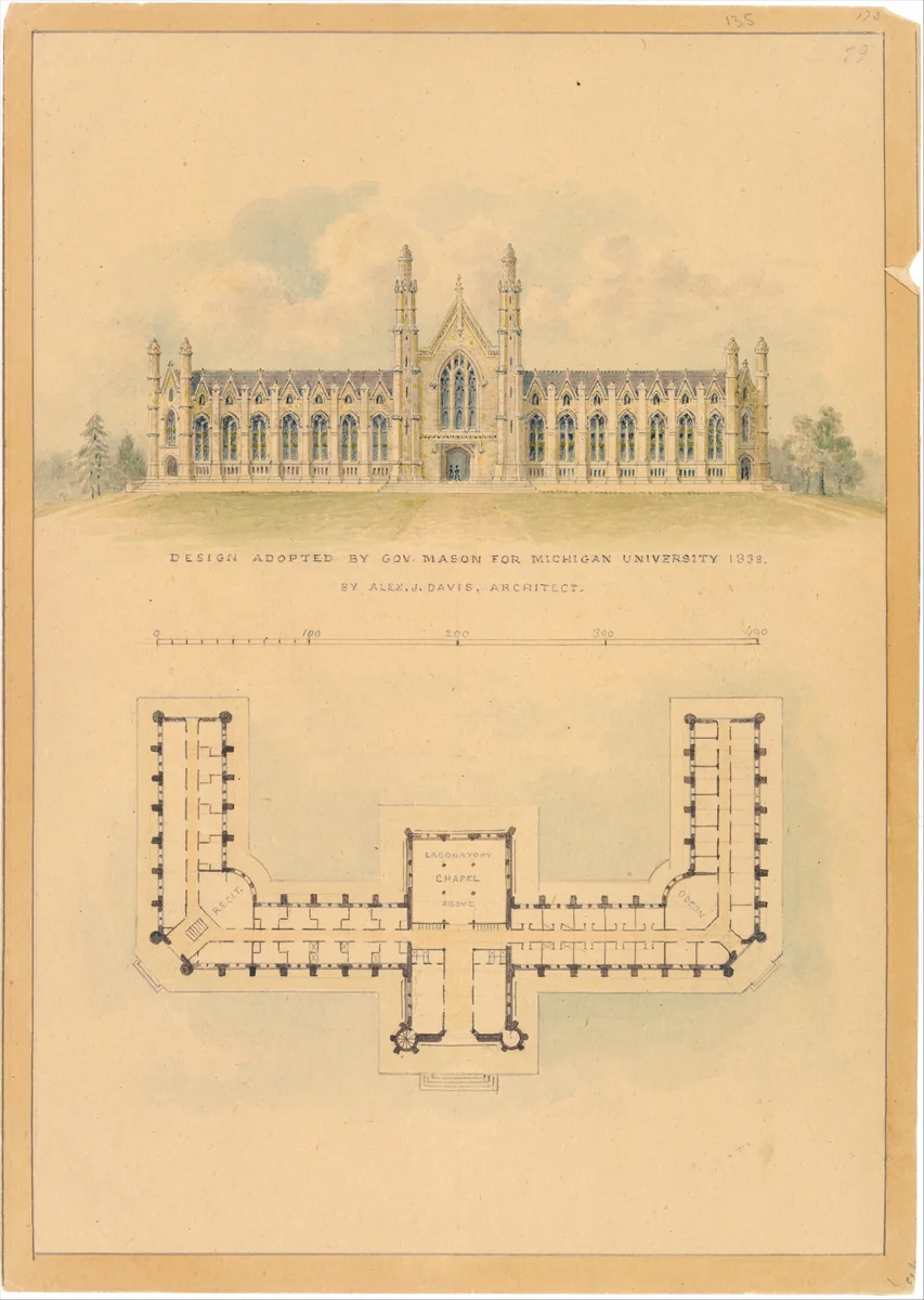 Design Adopted by Governor Mason for University of Michigan (elevation and plan) by Alexander Jackson Davis, drawing, 1838