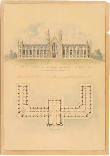 Design Adopted by Governor Mason for University of Michigan (elevation and plan) by Alexander Jackson Davis, drawing, 1838