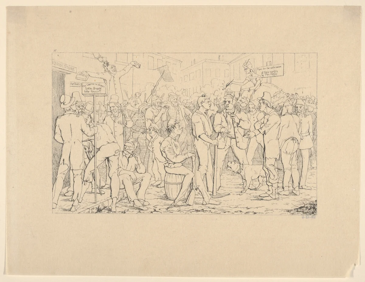 Enlistment of Sickles' Brigade, New York (from Confederate War Etchings) by Adalbert John Volck, print, 1861-1863