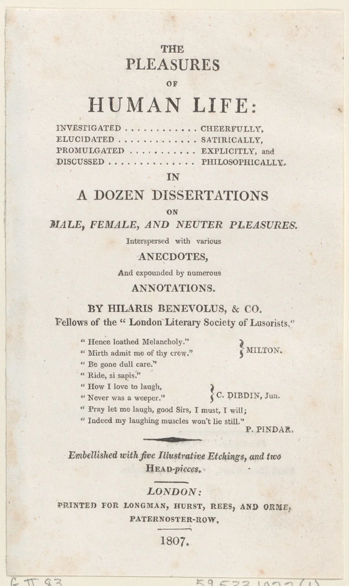 The Pleasures of Human Life: Title Page by Thomas Rowlandson, print, 1807