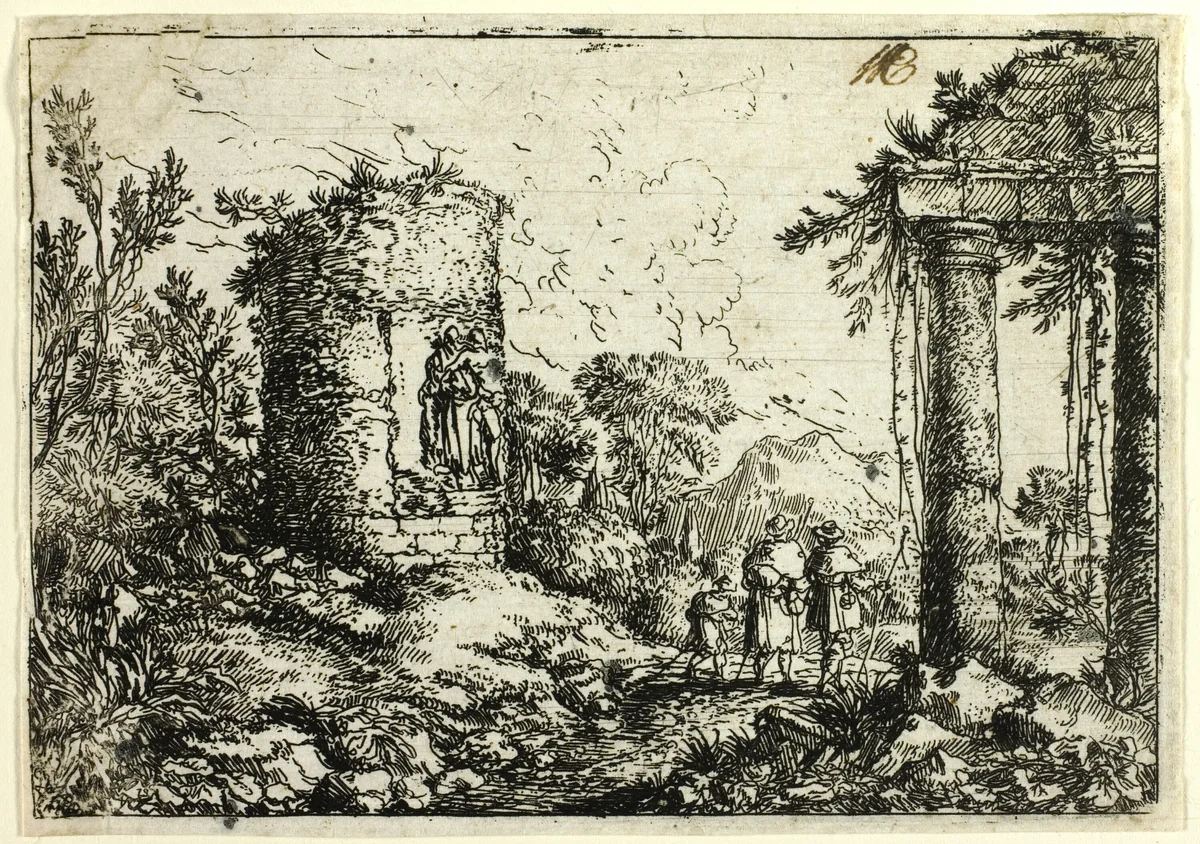 Italian Landscape with Ruins by Jonas Umbach, print, 1644-1693