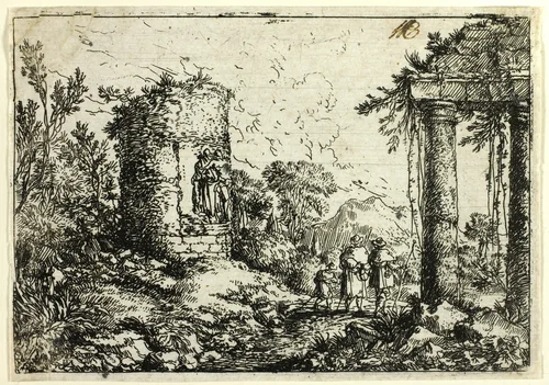 Italian Landscape with Ruins by Jonas Umbach, print, 1644-1693