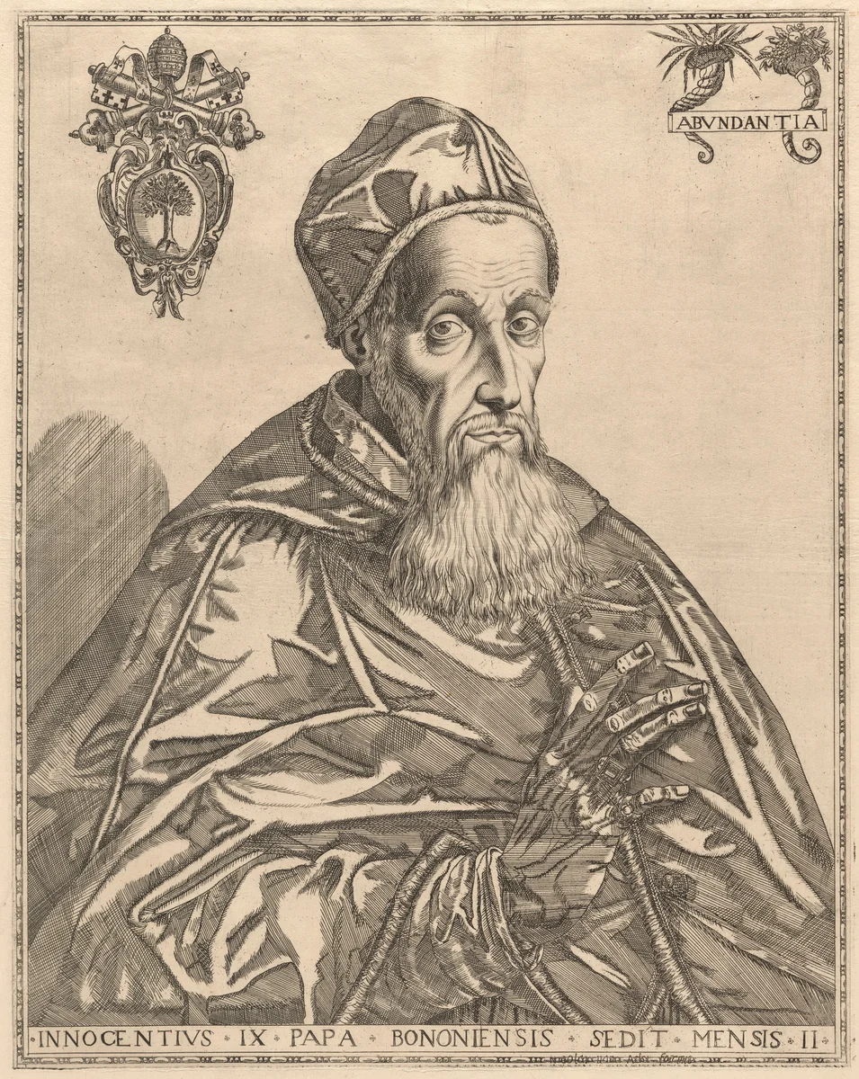 Portrait of Pope Innocent IX by Nicolaes van Aelst, print, 1585-1595