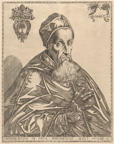 Portrait of Pope Innocent IX by Nicolaes van Aelst, print, 1585-1595