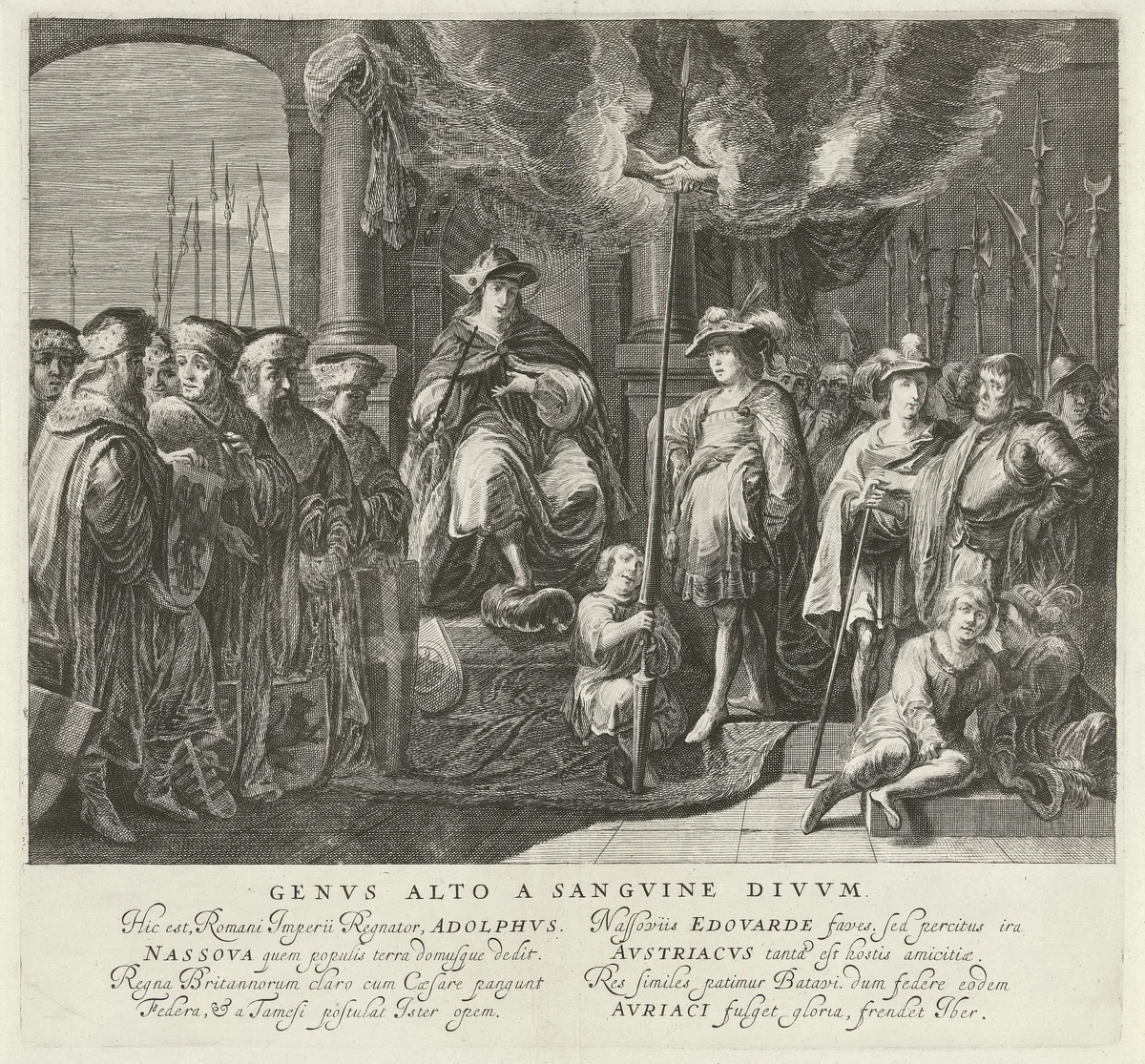 Tableau vivant met het verbond tussen koning Adolf van Nassau en de Engelse koning Eduard I in 1294 by Pieter Nolpe, print, 1642