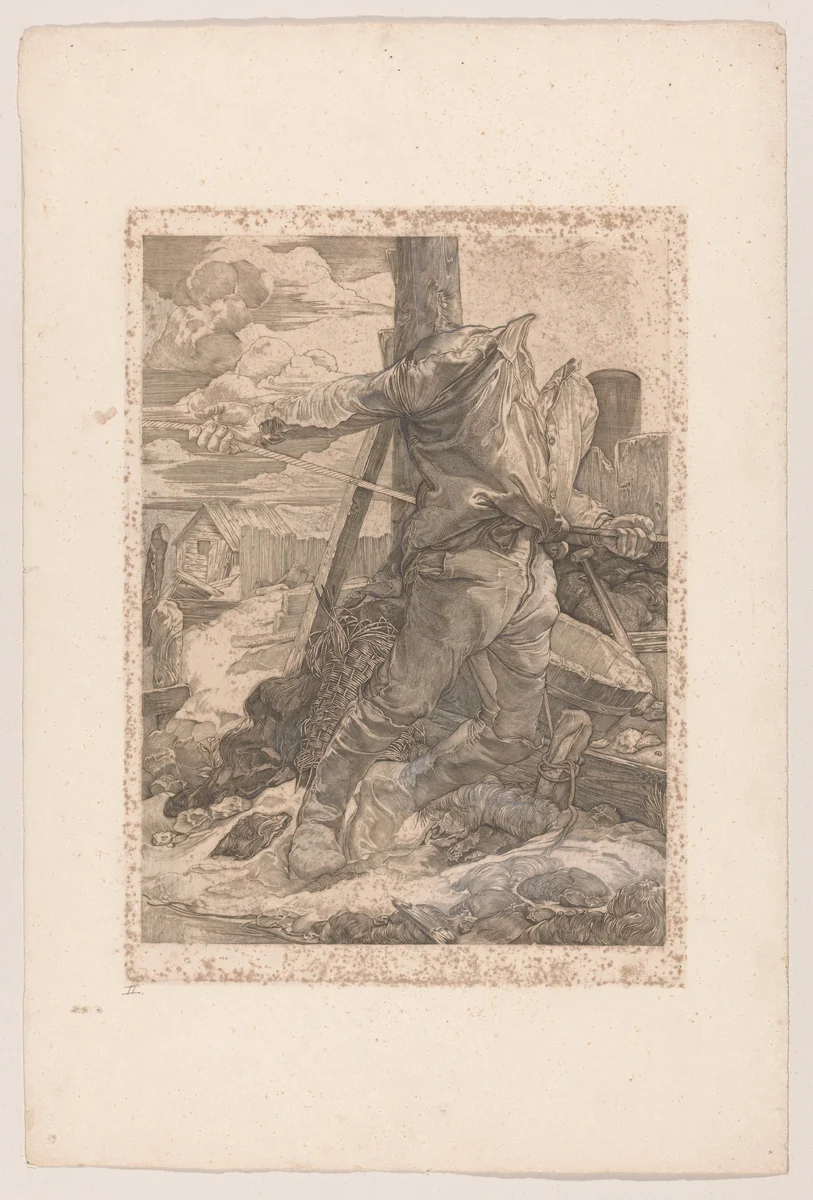 Arbeider die een touw laat vieren by Johannes Josephus Aarts, print, 1881-1934