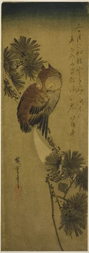 Small-horned owl, pine, and crescent moon by Utagawa Hiroshige (歌川広重), print, 1830-1839