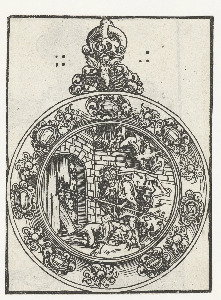 Reliekhouder in vorm van medaillon met Christus in hel by Lucas Cranach, print, 1509-1549