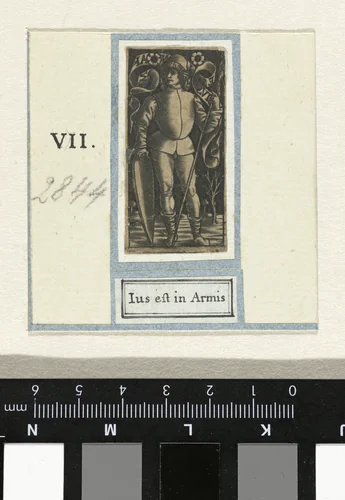 Staande jongeman met schild en lans en banderol by anonymous, print, 1450-1499