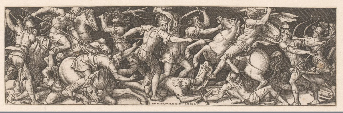 Gevecht tussen cavaleristen en infanteristen by Unknown, print, 1528-1583
