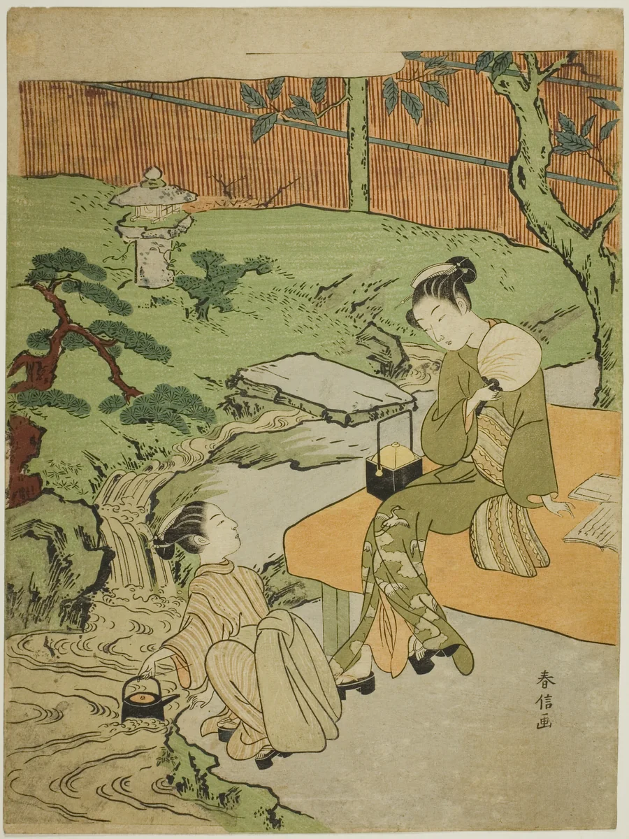 Two Girls Enjoying the Evening Cool in a Garden by Suzuki Harunobu (鈴木春信), print, 1760-1770