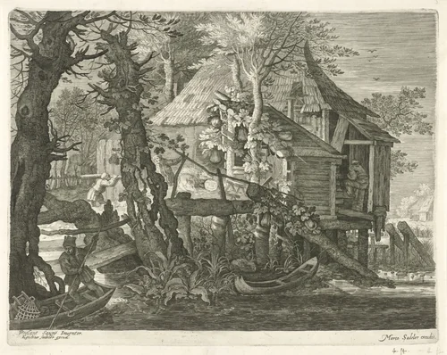 Boshut op palen bij een rivier by Aegidius Sadeler, print, 1597-1629