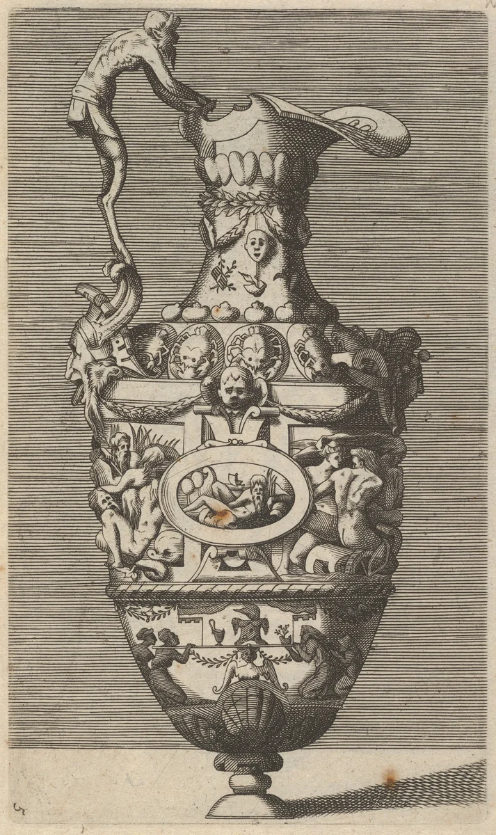 Vase with a River God in an Oval Medallion by René Boyvin, print, 1670-1700