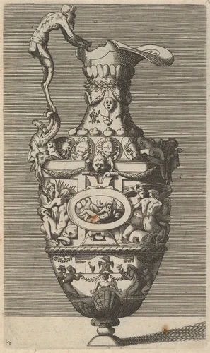 Vase with a River God in an Oval Medallion by René Boyvin, print, 1670-1700