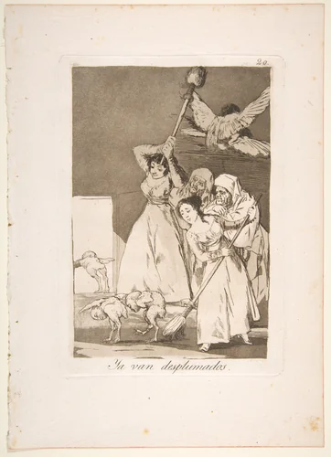 Plate 20 from "Los Caprichos": There they go plucked (i.e. fleeced) (Ya van desplumados) by Goya, print, 1799